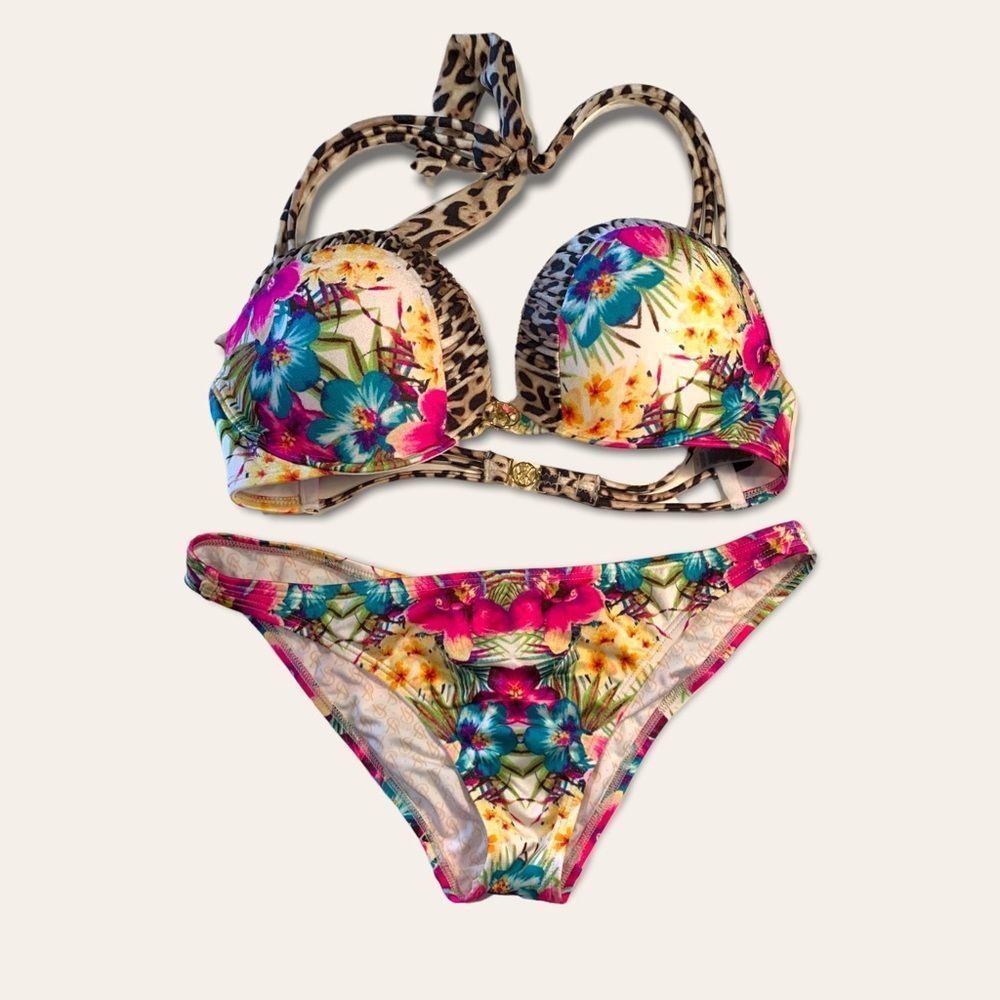 Victoria's Secret Bombshell Push Up Swimsuit Bikini Floral and Leopard